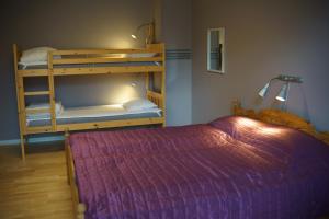 een slaapkamer met een stapelbed en een bed met een paarse deken bij Hejdebo Vandrarhem in Hejde