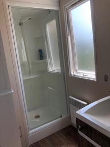 La salle de bains est pourvue d'une douche avec une porte en verre. dans l'établissement MOBIL HOME - 6 Pers - LES CHARMETTES ****, aux Mathes