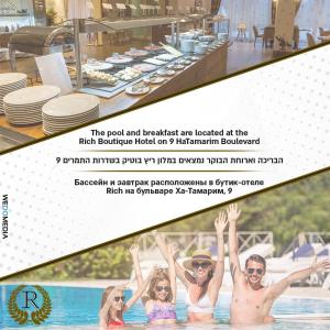 a flyer for a pool and breakfast are located at the main boutique hotel on p at Rich Luxury Suites in Eilat