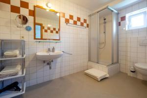 łazienka z umywalką, prysznicem i toaletą w obiekcie Gästezimmer Ilse Brauneis w mieście Mautern