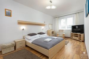 a bedroom with a large bed and a television at Jantar Apartamenty - Uzdrowisko Kołobrzeg in Kołobrzeg