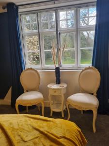 een slaapkamer met 2 stoelen, een tafel en een raam bij Copperbeech B&B in Yoxford