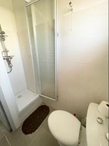 ein Badezimmer mit einem weißen WC und einer Dusche in der Unterkunft Bel appartement à 300 mètres de la plage +parking in Valras-Plage