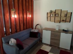 ein Wohnzimmer mit einem blauen Sofa und einem Schreibtisch in der Unterkunft Daniel Apartman in Tahitótfalu