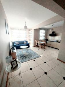 马佐夫舍地区新庄园莫德林斯卡公寓的客厅里有一张蓝色的沙发和一张桌子