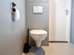 a bathroom with a white toilet in a stall at Landelijk gelegen Chalet OK40 in Oostkapelle +15 photos