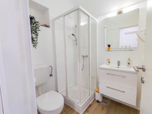 La salle de bains est pourvue d'une douche, de toilettes et d'un lavabo. dans l'établissement Locus Apartments, à Petrčane