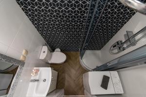 a bathroom with a toilet and a mirror at Apartamenty Centrum II in Bydgoszcz