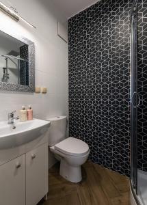 a bathroom with a toilet and a sink and a shower at Apartamenty Centrum II in Bydgoszcz