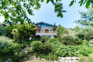 ein Haus auf einem Hügel mit Pflanzen und Bäumen in der Unterkunft Ferienhaus Karawankenblick Velden in Velden am Wörthersee