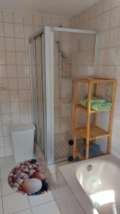 a bathroom with a shower and a sink and a tub at Appartement mit Herz in Zeulenroda