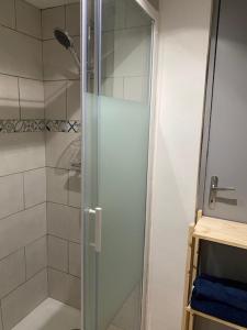 La salle de bains est pourvue d'une douche avec une porte en verre. dans l'établissement Charmant studio à 2 pas du centre historique, à Sommières