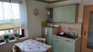 a kitchen with green cabinets and a sink and a table at Appartement mit Herz in Zeulenroda