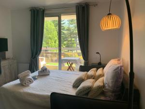 Un dormitorio con una cama con una ventana grande. en Studio les mélèzes vue montagne Barcelonnette, en Barcelonnette