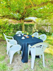 uma mesa com uma toalha de mesa azul e cadeiras brancas em La Résidence Faraday em Carcassonne