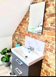 a bathroom with a sink and a mirror on a brick wall at Rother - Studio in Rye - LOCATION,LOCATION,LOCATION !!! in Rye