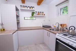 uma cozinha branca com um lavatório e um fogão em Mountain House VENI em Jablanac