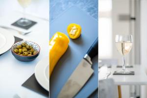 três fotos de uma mesa com um copo de vinho e uma faca em Marcella's Retreat em St. Ives
