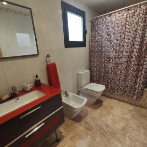 een badkamer met een toilet, een wastafel en een douche bij Piso Costa Peñíscola Inmomart in Peñíscola