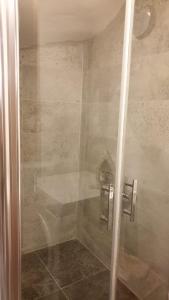um chuveiro com uma porta de vidro na casa de banho em Olive apartments studio em Fethiye