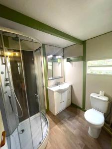 uma casa de banho com um chuveiro, um WC e um lavatório. em Camping la Clé des Champs em Calvi