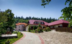 a house with a red roof and a brick driveway at Pensiunea Casa Anca in Agapia