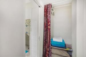 einen begehbaren Kleiderschrank mit einer Tür und einem Vorhang in der Unterkunft Casa Juanito in Santa Cruz de Tenerife