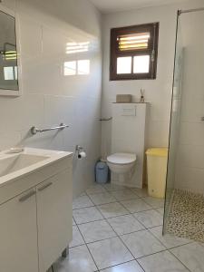 La salle de bains blanche est pourvue de toilettes et d'un lavabo. dans l'établissement Le Désircaraïbe, à Tartane