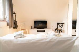 a bedroom with a white bed and a television at Ferienhaus Leo in Boblitz