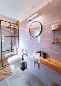 a bathroom with a sink and a toilet and a mirror at Marel-Apartments Domek Duna Lux Polanica Zdrój in Polanica-Zdrój