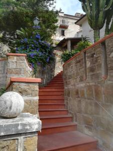 un conjunto de escaleras en una pared de piedra con flores en Casa dello Ziro, en Castellabate