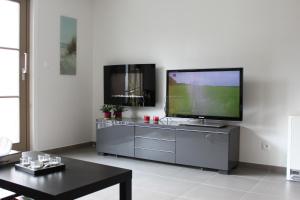 een woonkamer met een flatscreen-tv op een entertainmentcentrum bij Holiday Home Walhofpark 17 in Adinkerke