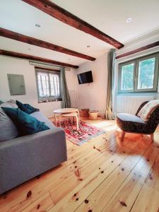 a living room with a couch and a tv and wooden floors at Gite classé "Le tilleul" in Colmar