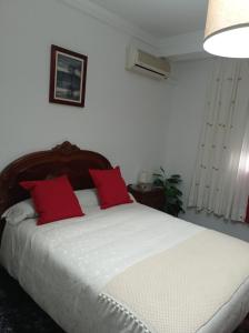 een slaapkamer met een bed met 2 rode kussens bij Casa en casco urbano de Riogordo in Ríogordo