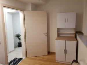 a room with a closet with a door and a kitchen at Ferienwohnung Stoisser in Mureck