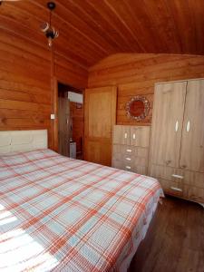 1 dormitorio con 1 cama en una cabaña de madera en DefneWoodHome, en Bodrum City