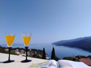 twee glazen wijn bovenop een tafel bij Sea View K Loft in Rabac