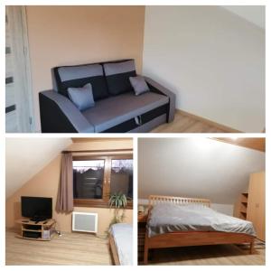 2 fotos de un dormitorio con cama y TV en Prázdninový byt Lýdia, en Lopej