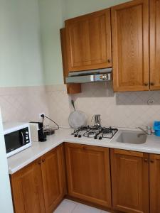 Una cocina con estufa, fregadero y microondas. en Casa Timoteo, en Mantua