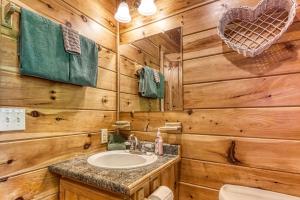 ein Badezimmer mit Holzwänden, einem Waschbecken und einem Spiegel in der Unterkunft Brother Bear, Free Attraction Tickets, Hot Tub, WIFI!!! in Sevierville + 25 Fotos