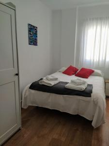 ein Schlafzimmer mit einem Bett mit roten Kissen darauf in der Unterkunft Victoria home in Málaga