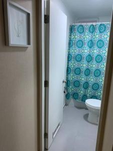 a bathroom with a toilet and a shower curtain at Departamento nuevo con perfecta ubicación in Osorno