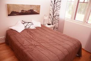 1 dormitorio con 1 cama grande con manta marrón en Apartments Tähtitahko, en Tahkovuori