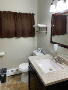 Un baño con lavabo, inodoro y espejo. en The New Lantern Motel, en Allegany