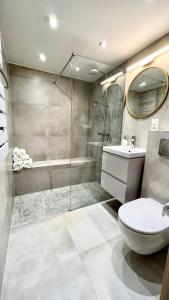 een badkamer met een douche, een toilet en een wastafel bij Apartament 21 in Szczyrk