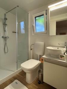W łazience znajduje się toaleta, umywalka i prysznic. w obiekcie Mobile Home Karlo w Biogradzie na Moru