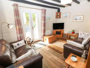 a living room with leather furniture and a television at Bwthyn Y Felin Star in Clydey