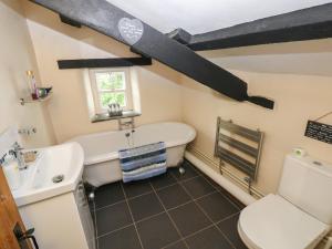 a bathroom with a tub and a sink and a toilet at Bwthyn Y Felin Star in Clydey +17 photos