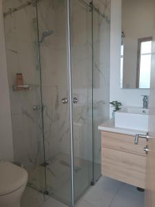 基多的住宿－Hermoso Penthouse Vistas Espectacular，带淋浴、卫生间和盥洗盆的浴室