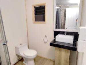 uma casa de banho com um WC branco e um lavatório. em Hostal Casamar-Viña em Viña del Mar